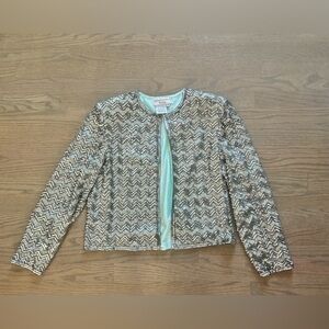 Vintage Adrianna Papell silk beaded sequin cropped jacket turquoise silver Med